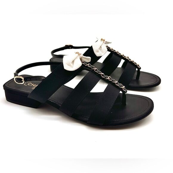 Chanel Interlocking CC Logo Grosgrain Chain Bow Black Sandals EU 37.5 US 6.5-7 - Picture 5 of 13